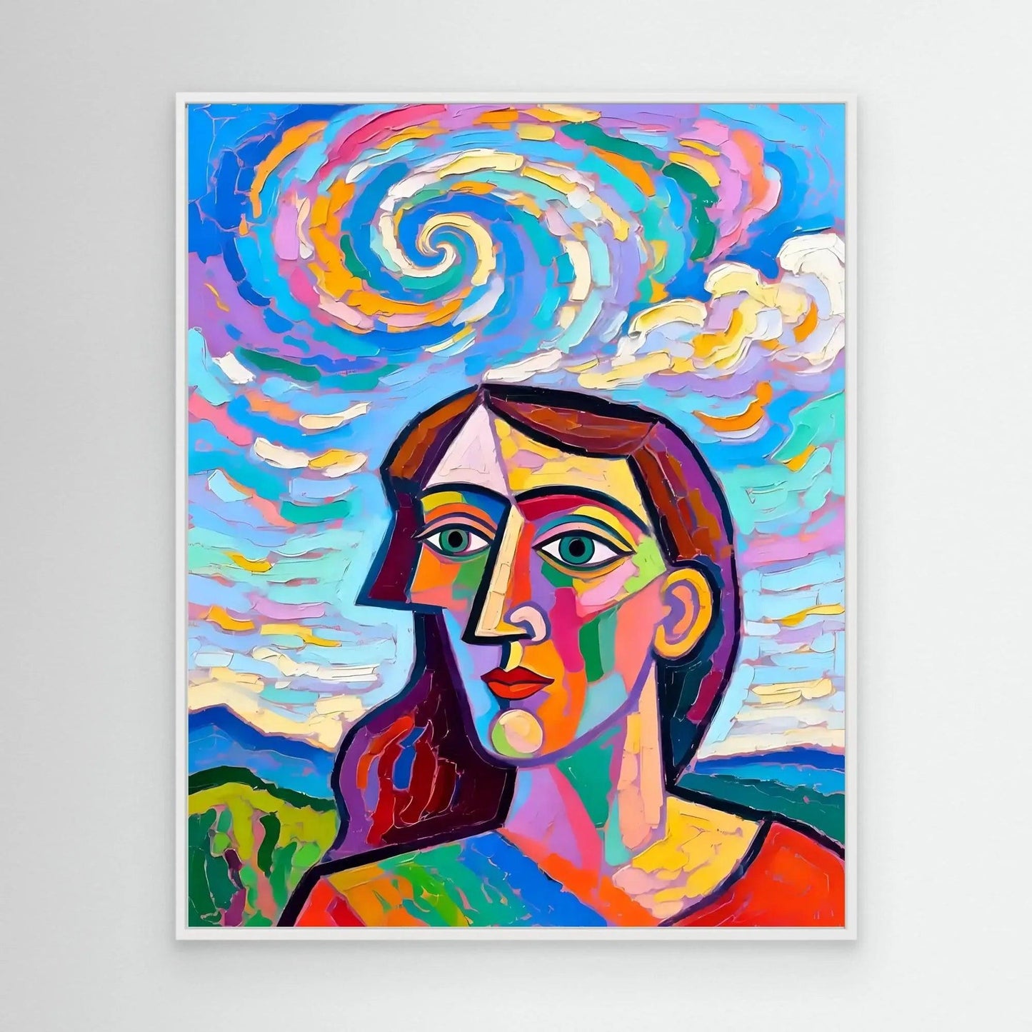 Framed colorful cubist portrait print with white frame and abstract blue sky background