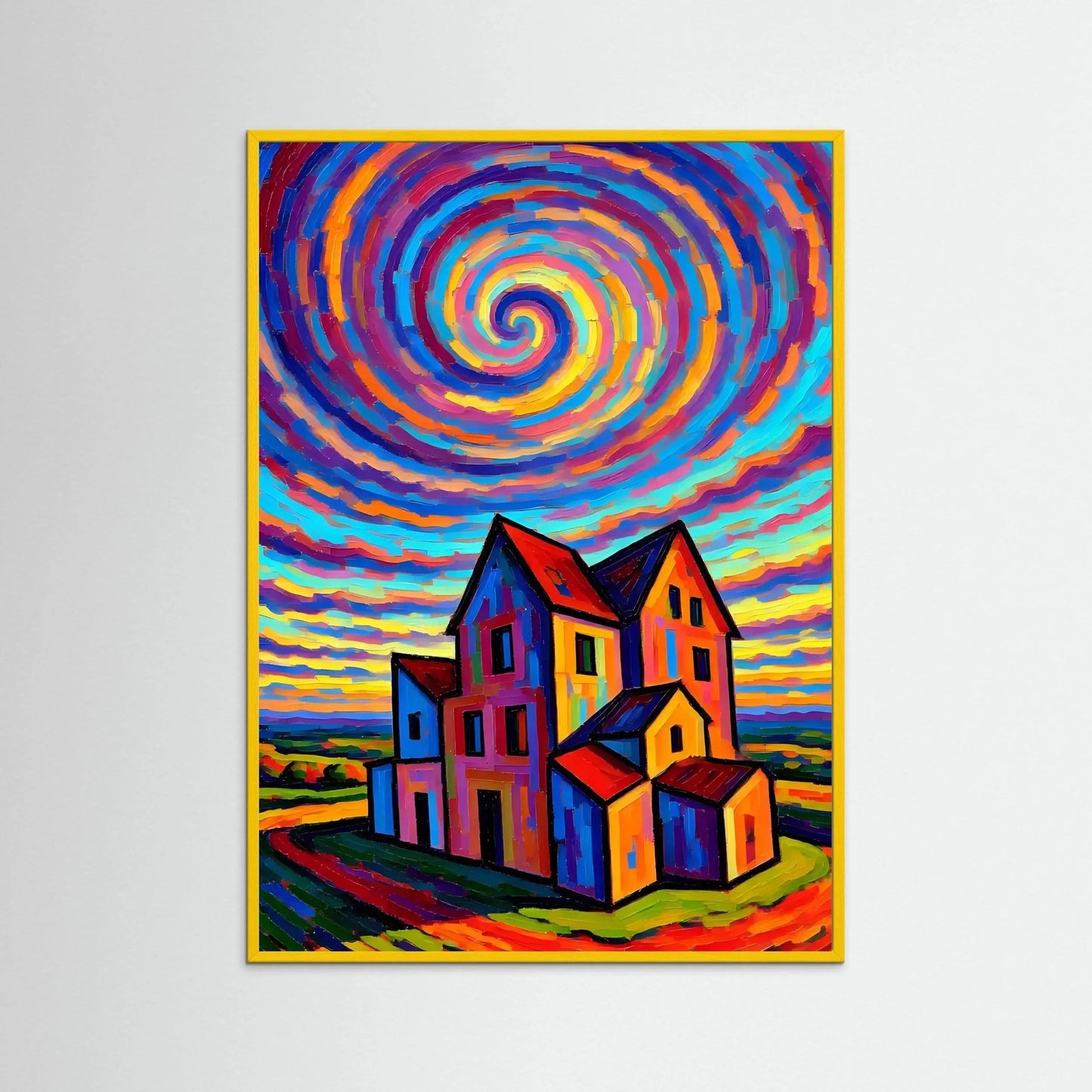 Colorful swirling sky wall art with cartoon houses, yellow frame border.