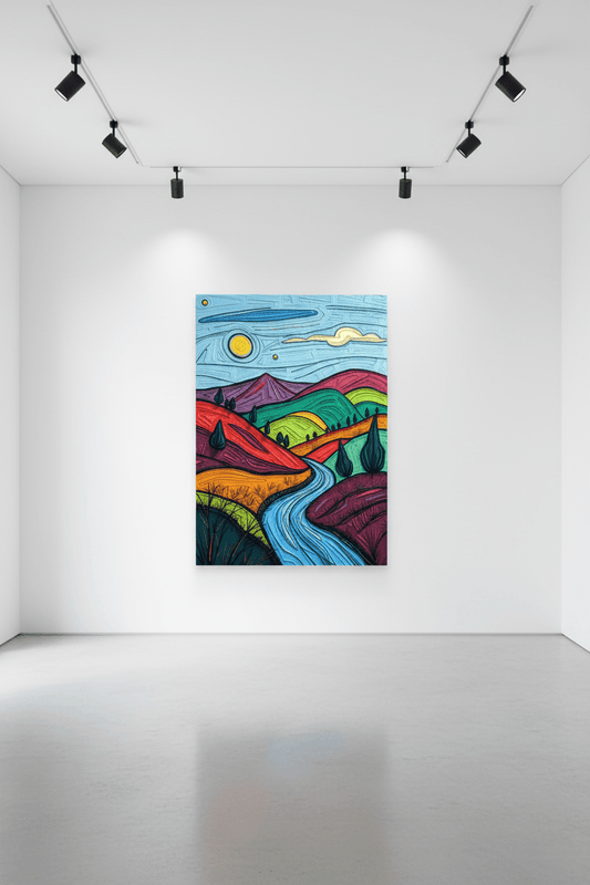 Framed abstract landscape print with winding blue river through colorful hills, black border