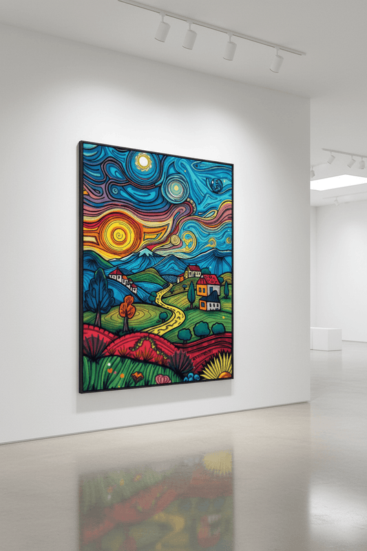 Framed abstract landscape artwork with teal swirls, yellow circles, red hills, and houses.