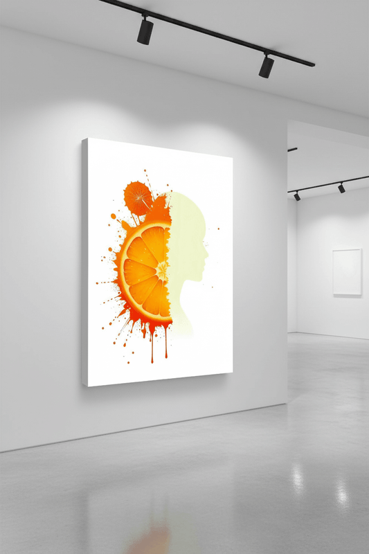 Stretched canvas wall art: orange citrus splash forming a side-profile silhouette