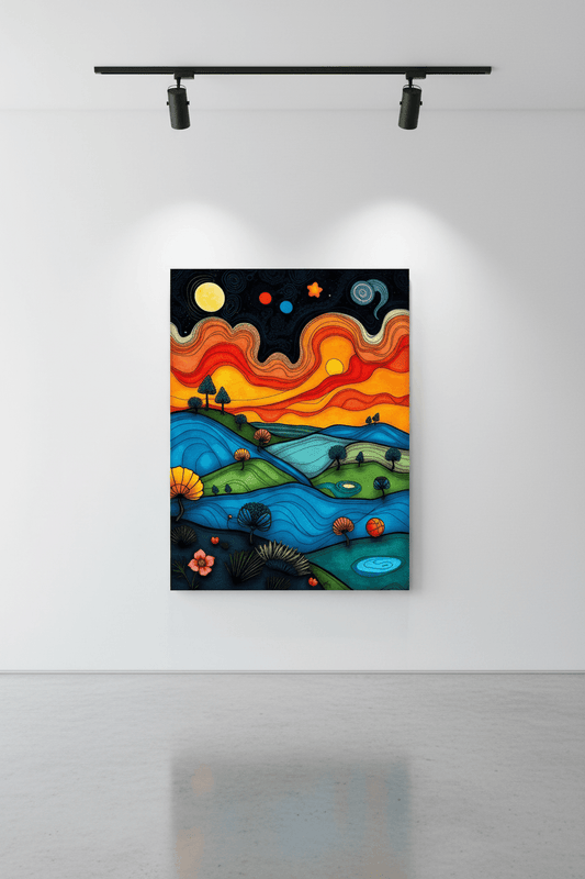Framed abstract landscape wall art with cosmic swirls, orange and blue hills, night sky