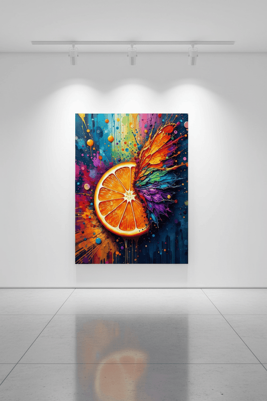 Abstract wall art with orange slice and colorful butterfly in vibrant splatter strokes