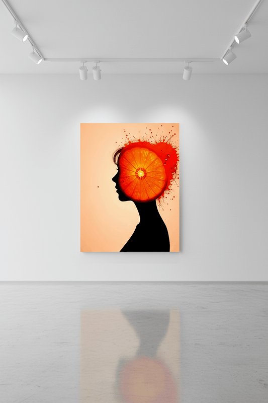 Framed wall art print with orange-red circular face profile and splash details