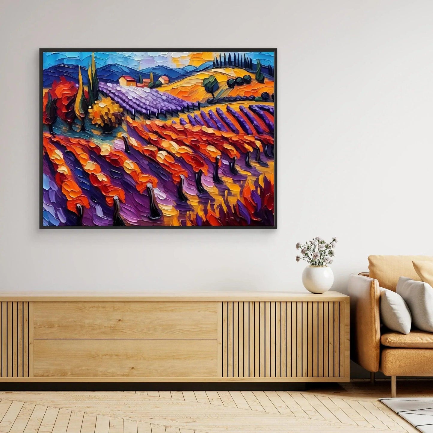 Framed textured vineyard landscape wall art with purple-orange rows and trees