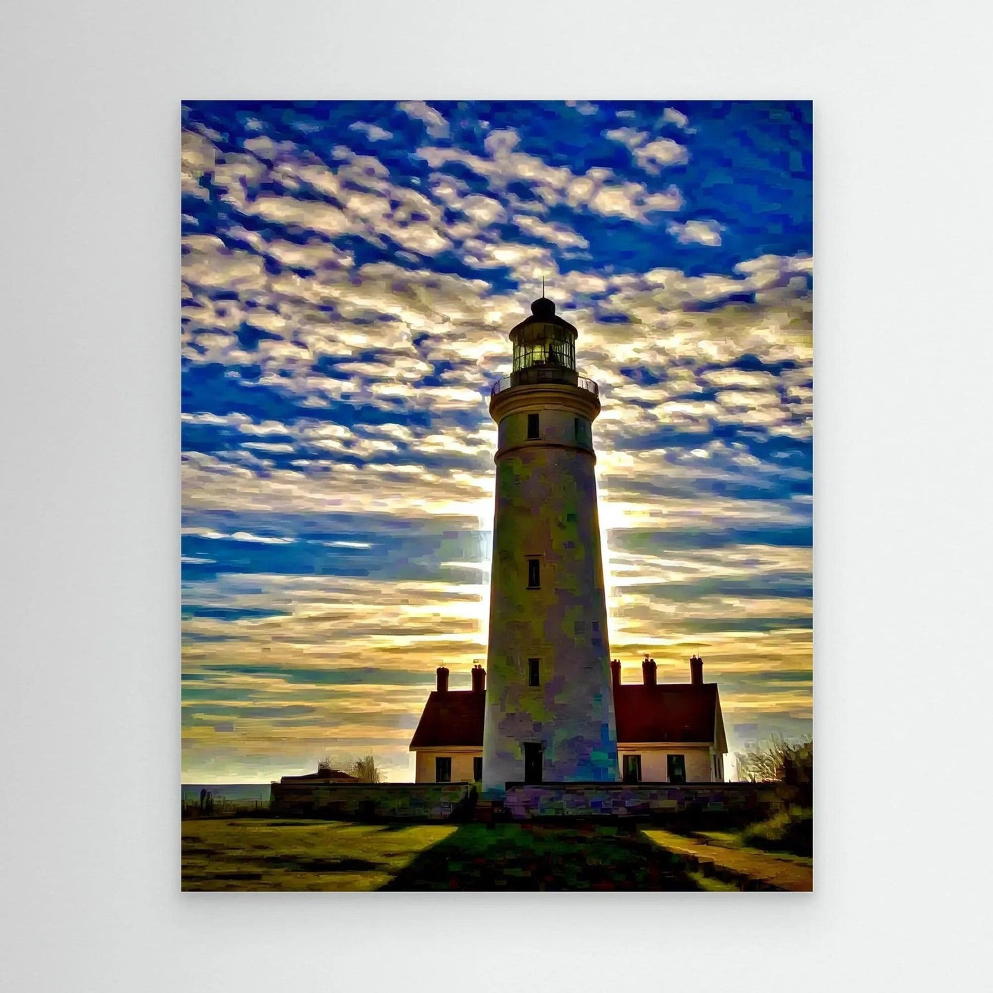 Framed lighthouse wall art with a lighthouse tower and a colorful dusk sky
