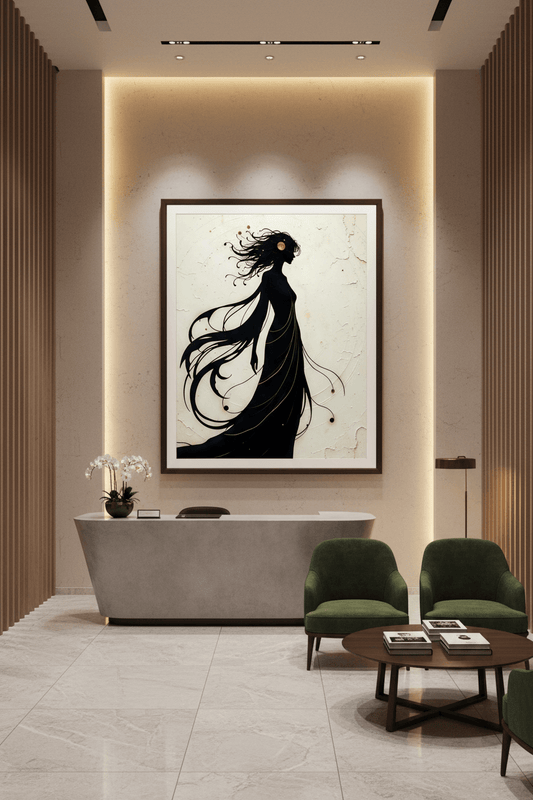 Framed stylized silhouette of a flowing-haired woman in black and off-white art