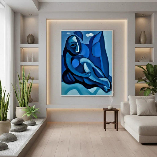 Abstract blue figure artwork, reclining pose, in a white-framed square panel.