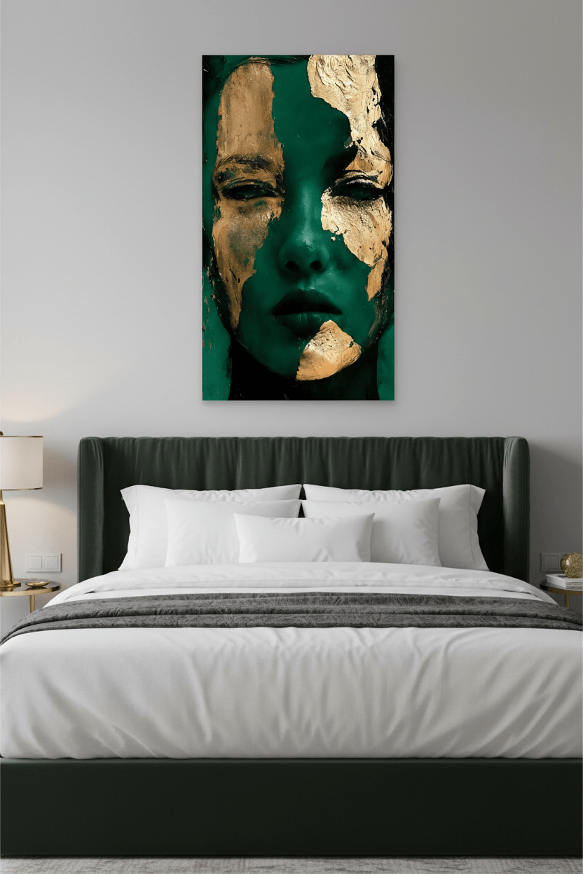 Unframed vertical portrait canvas with teal face and gold relief texture