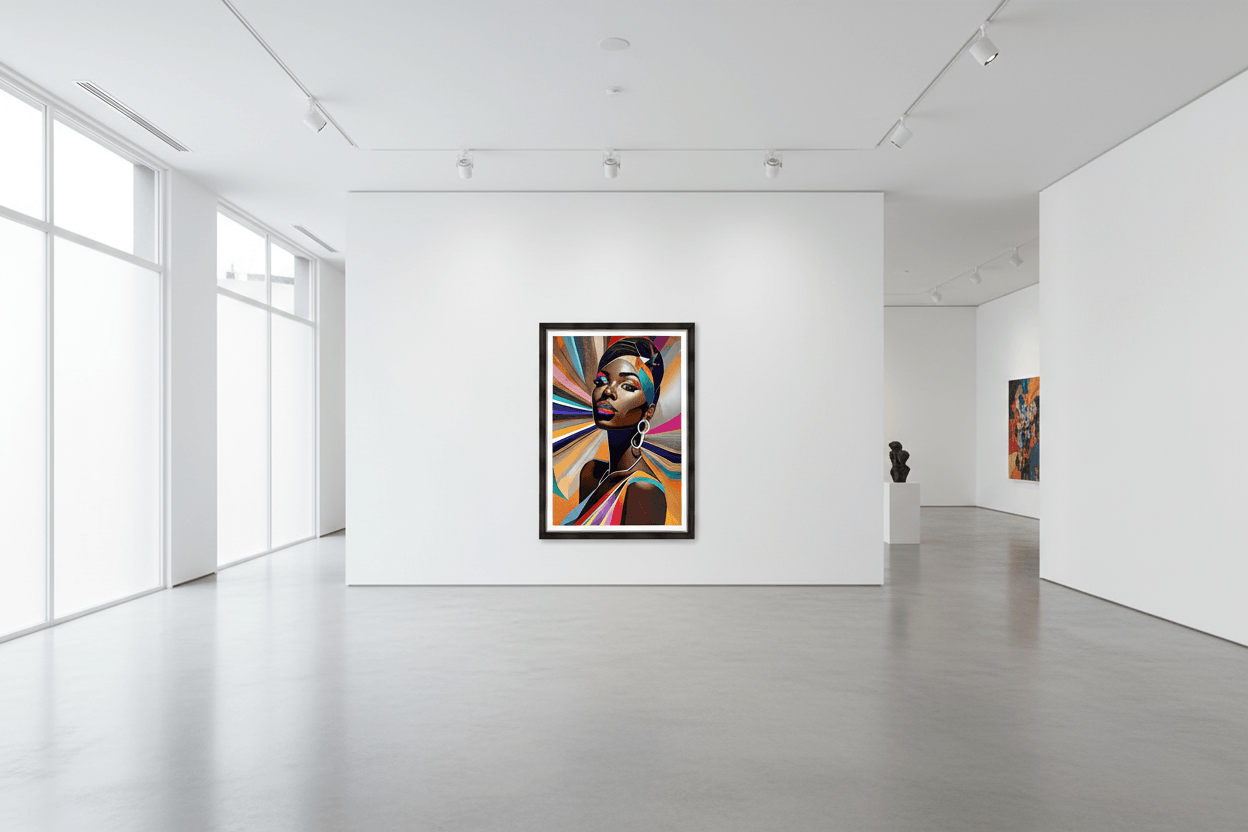 Small framed geometric portrait artwork with multicolor abstract rays and face