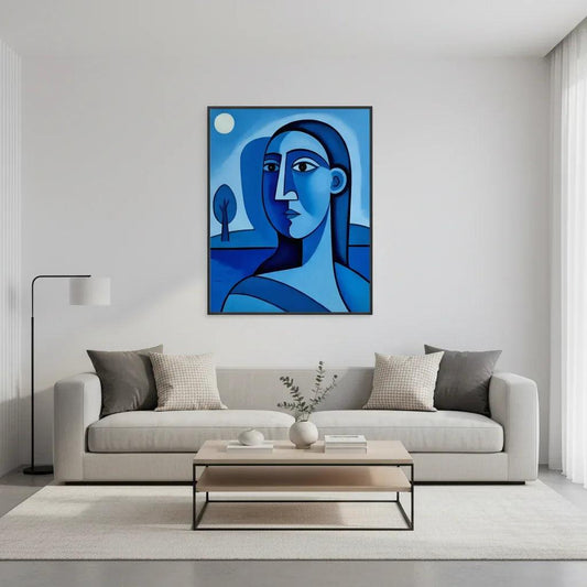 Blue abstract portrait wall art with dark frame; stylized female profile and shoulders.