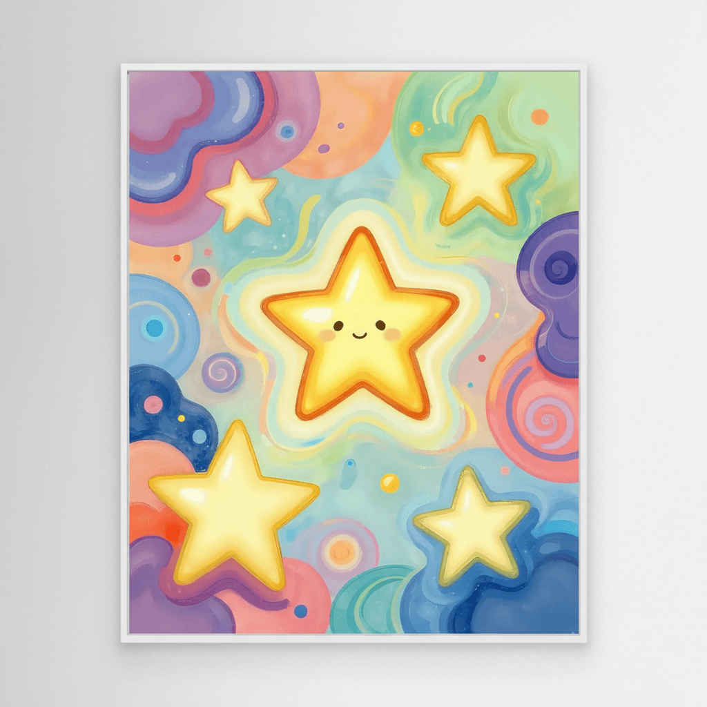 Framed star wall art print with five smiling yellow stars on a colorful sky; white frame