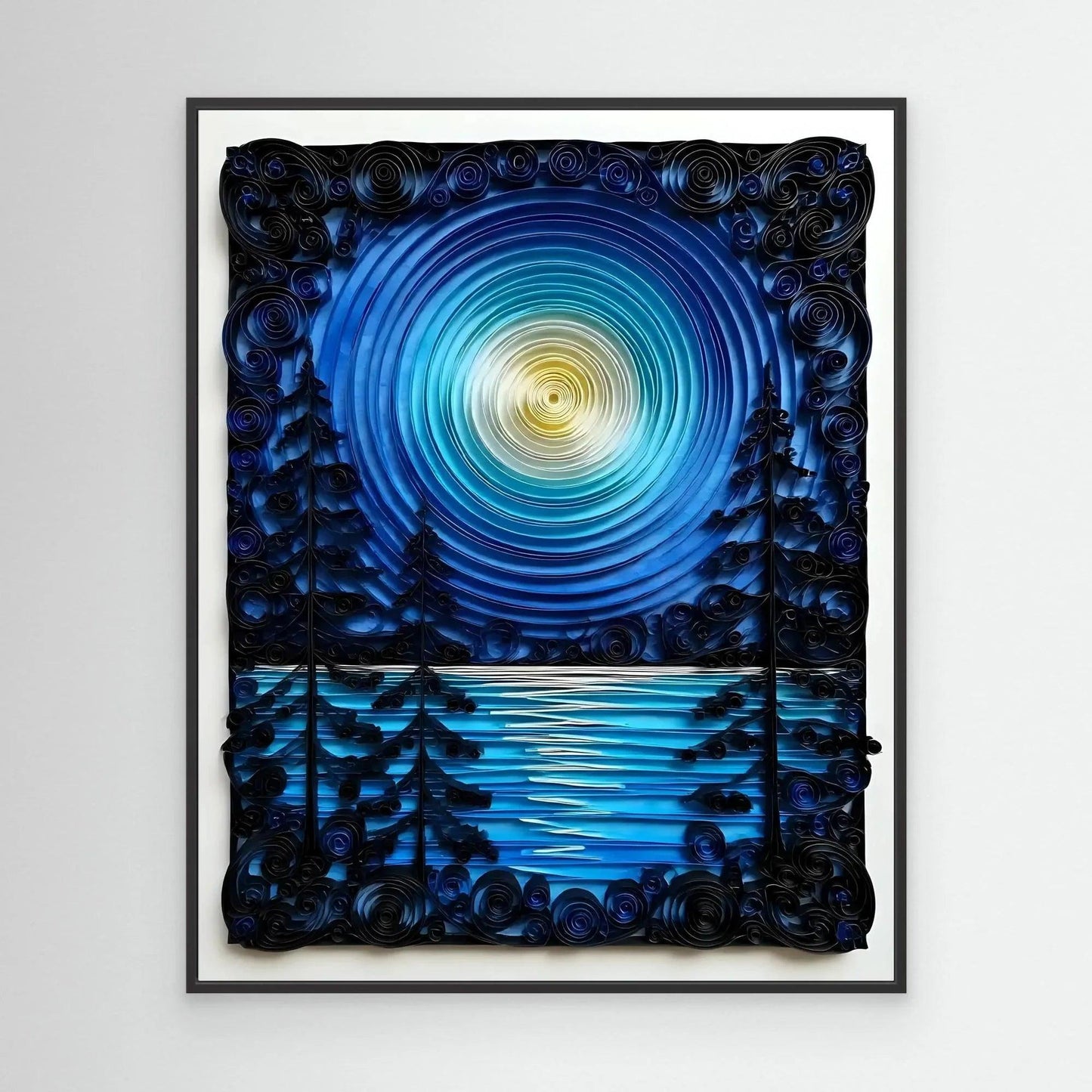 Black-framed quilling night sky lake wall art with blue spiral moon and dark pines over lake