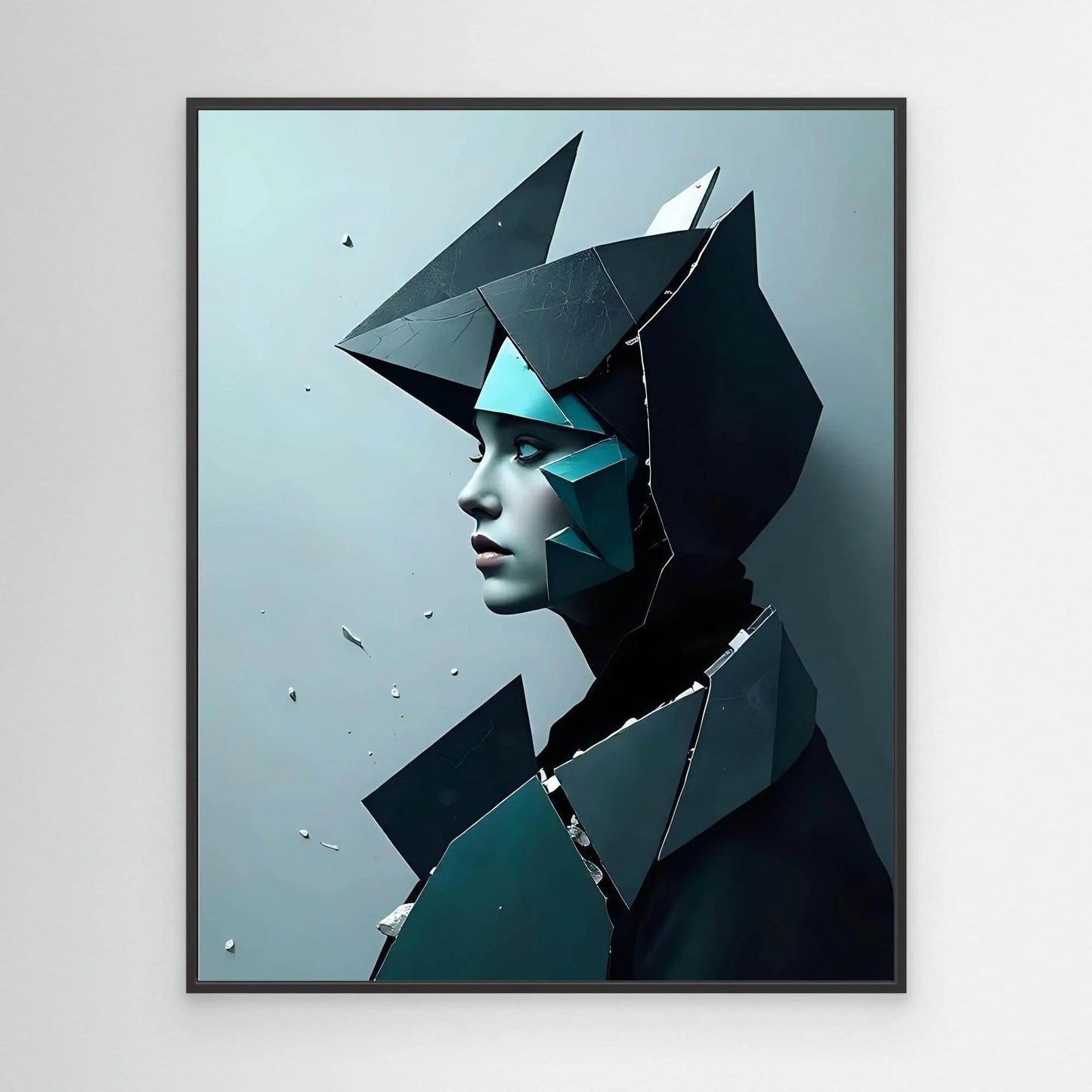 Surreal portrait artwork with faceted geometric woman, black frame