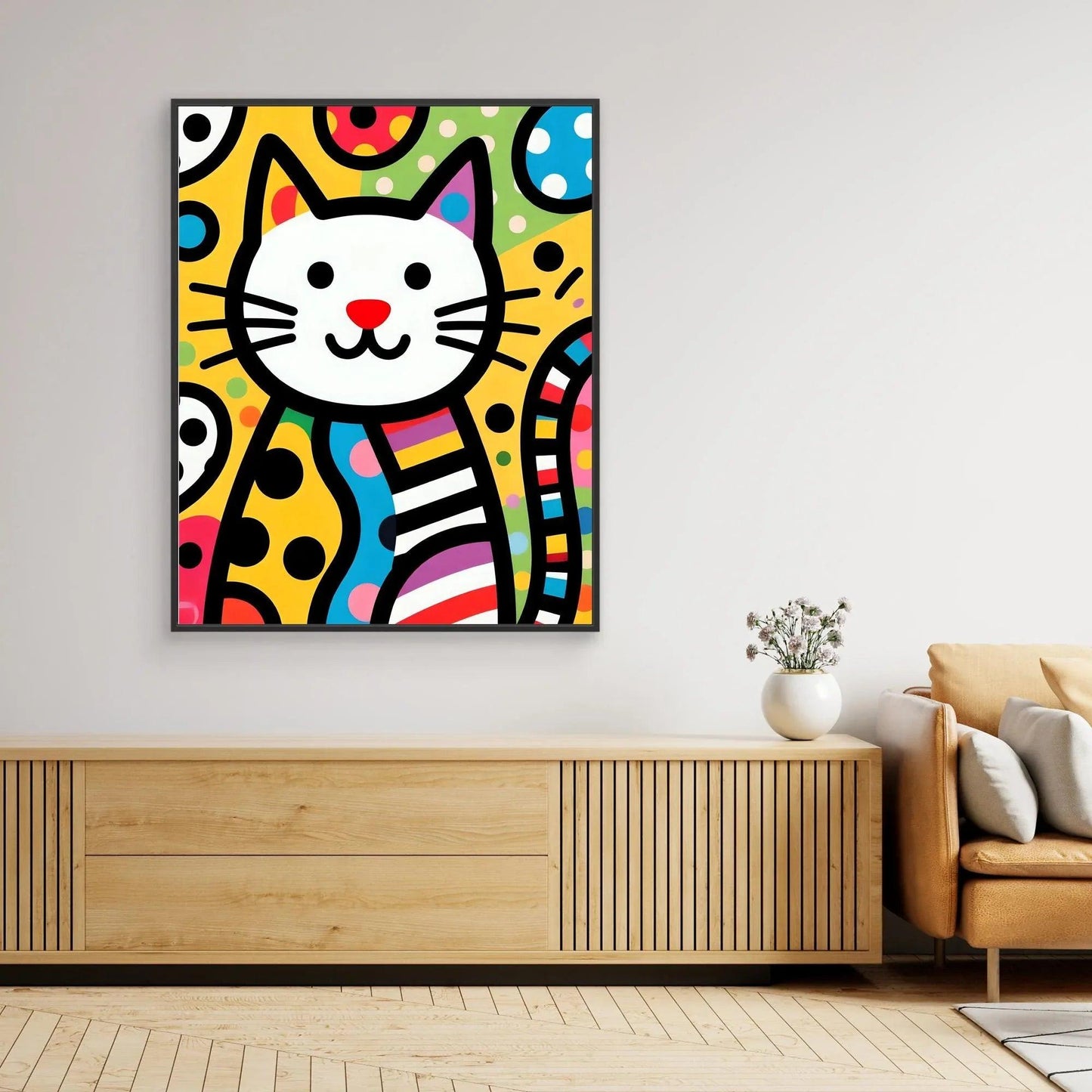 Framed pop art cat wall art with black frame and colorful pattern background