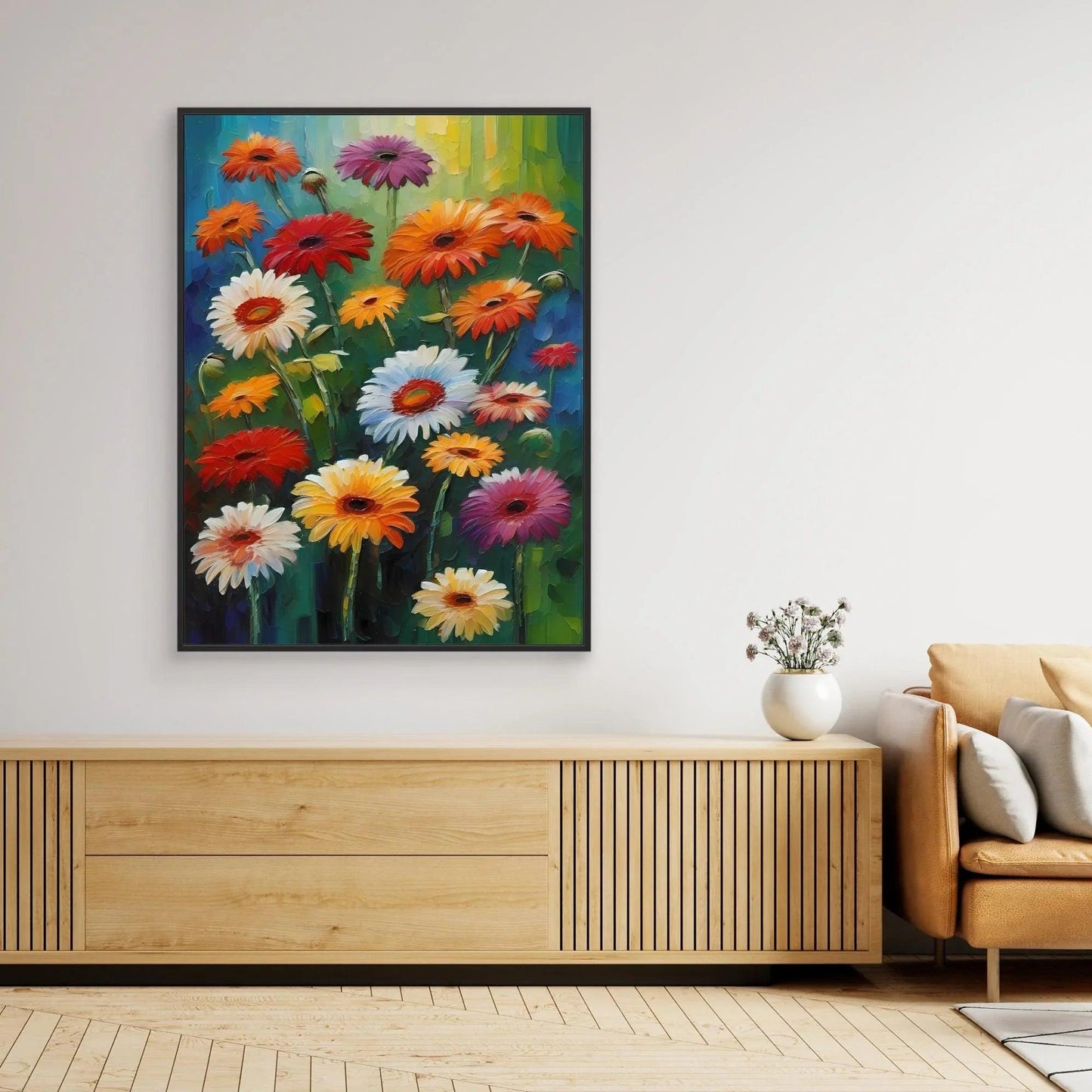 Framed textured gerbera floral art with orange, pink, purple, and white gerberas