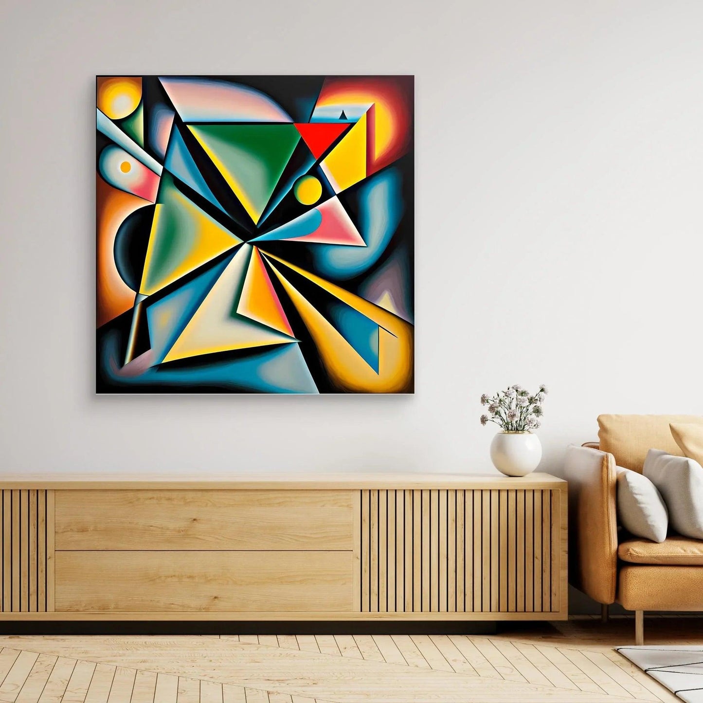 Framed abstract geometric artwork with bold starburst center and multicolor angular forms