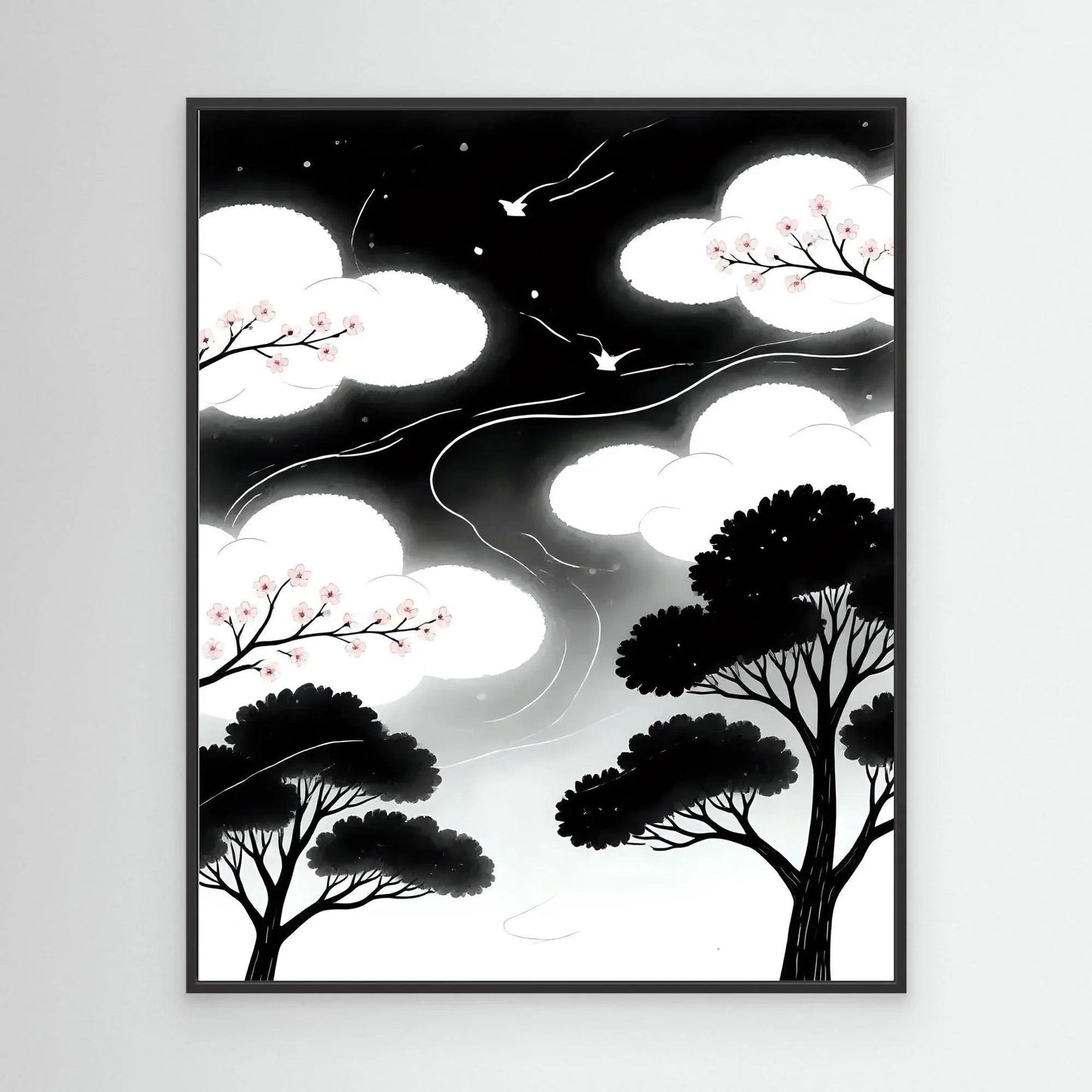 Framed night landscape wall art with white clouds, pink blossoms, and dark tree silhouettes