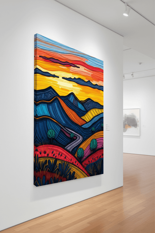 Abstract landscape wall art with layered colorful mountains and desert details, unframed