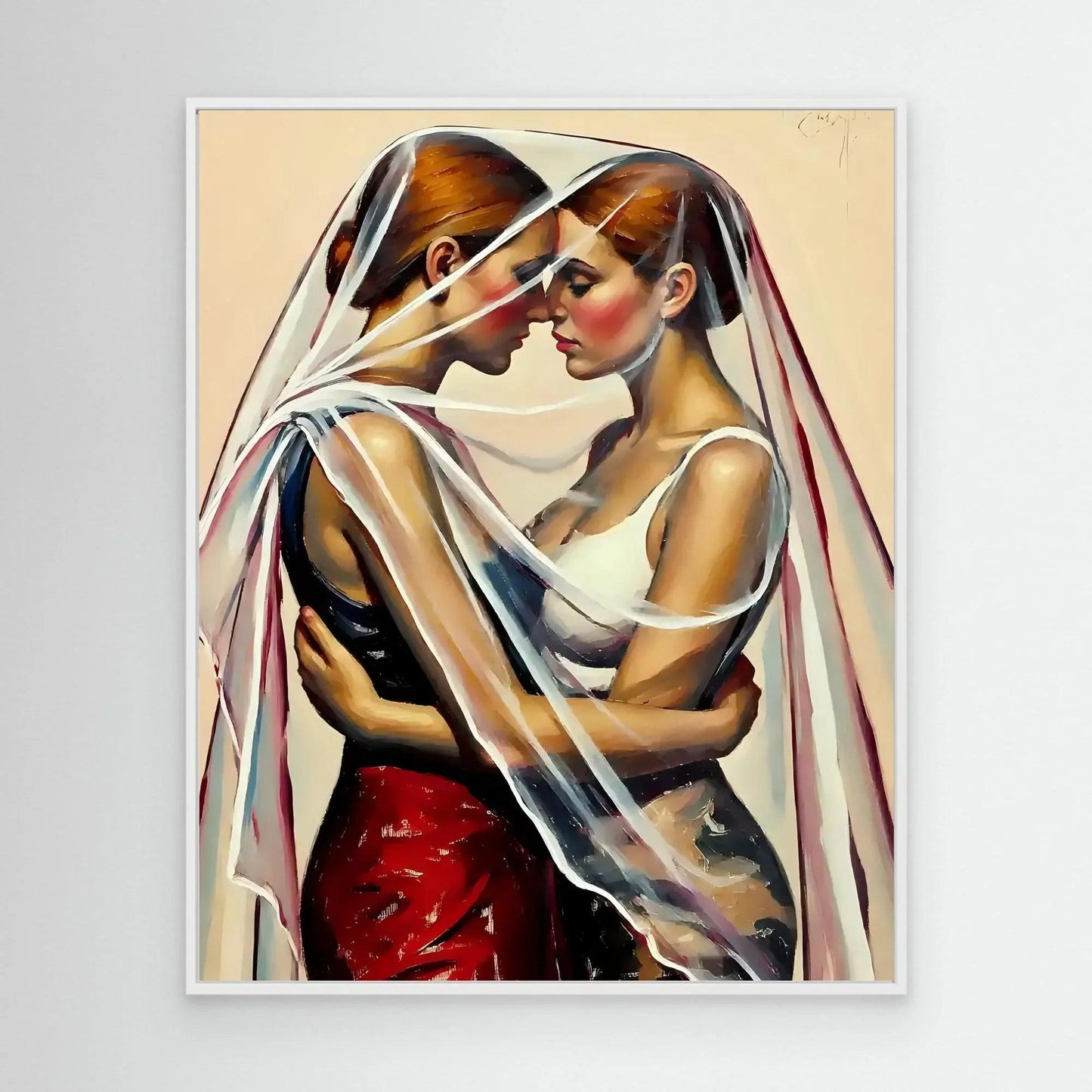 Wood-framed painting of two women embracing under a veil, full portrait