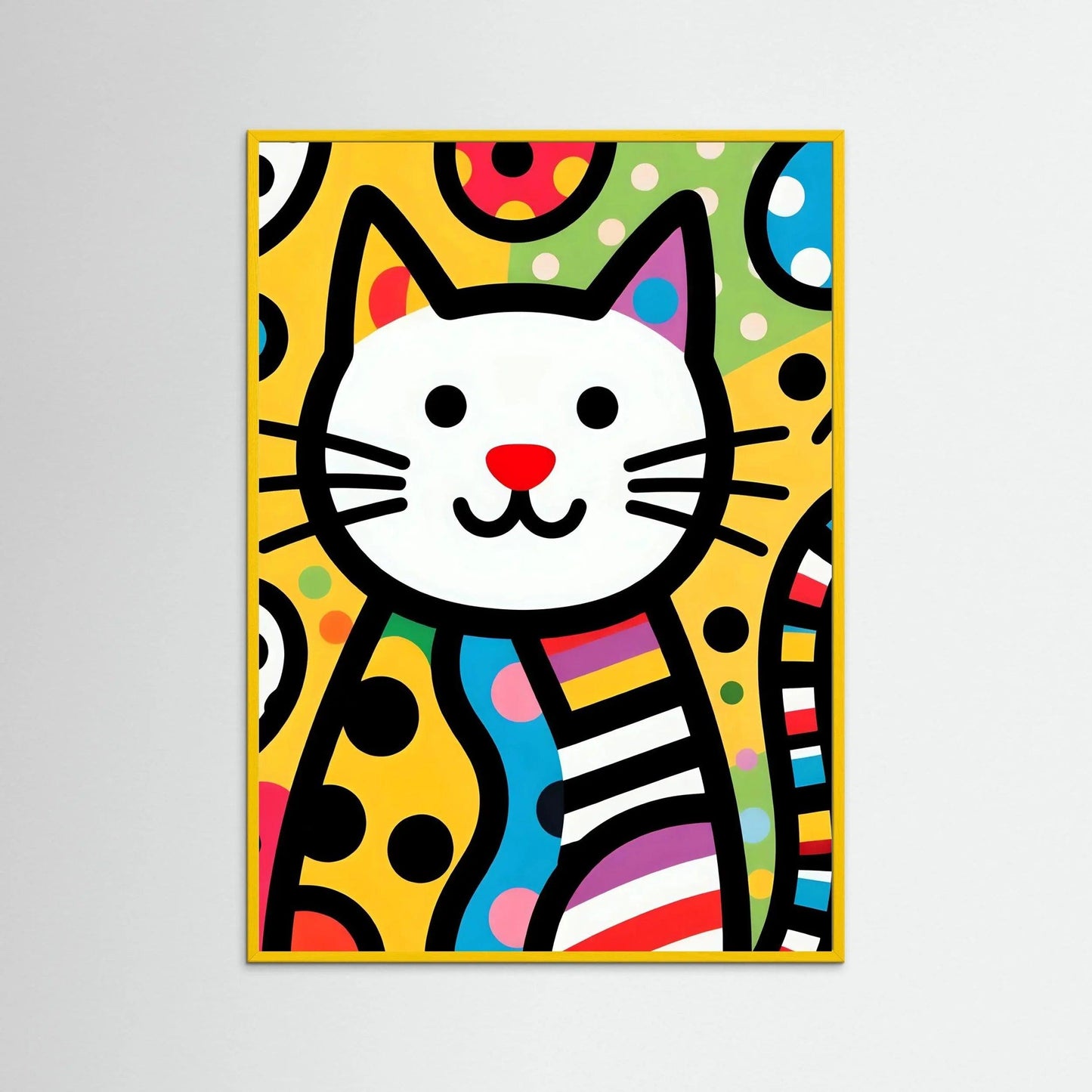 Framed pop art cat print with yellow border, white face, red nose and striped scarf