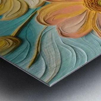 Colorful floral 3D relief artwork corner with teal waves and yellow-pink flowers