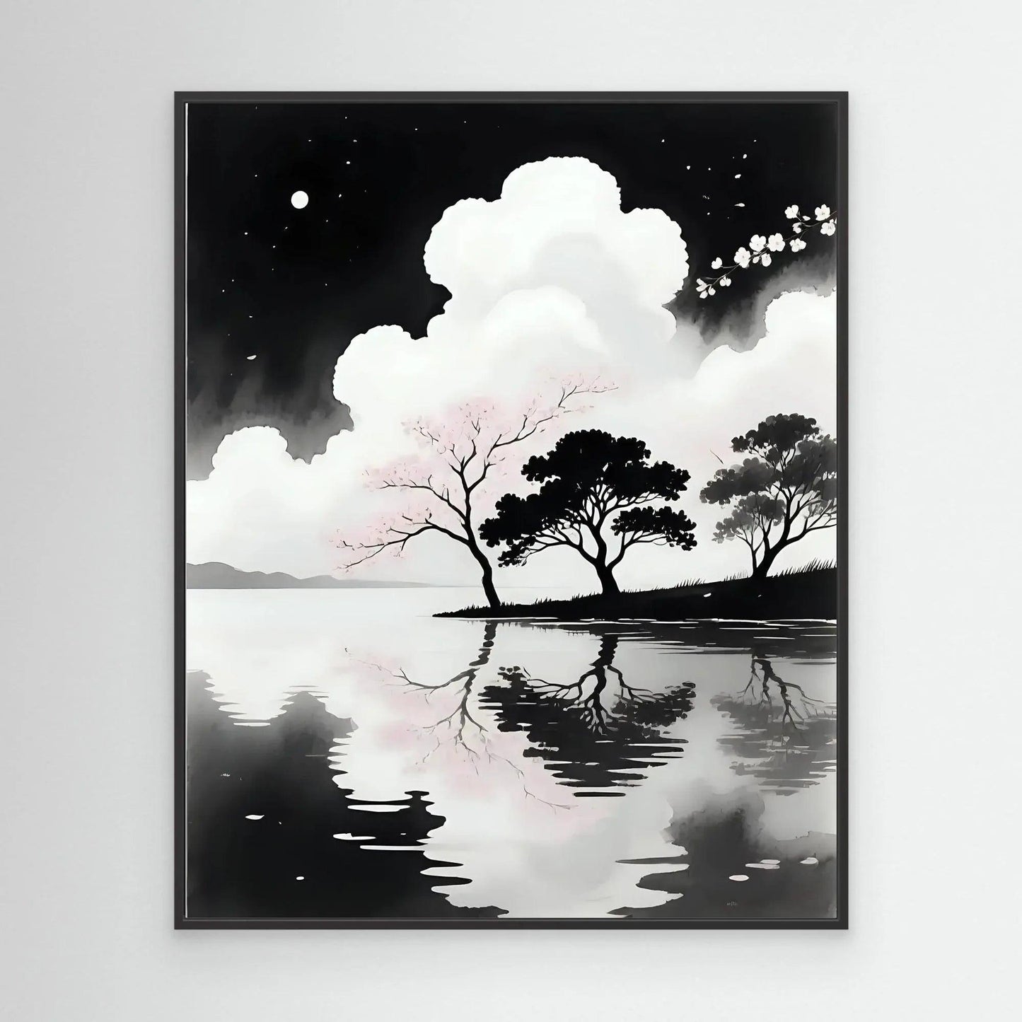 Framed wall art: moonlit lake scene with cherry blossom tree and reflection, black frame