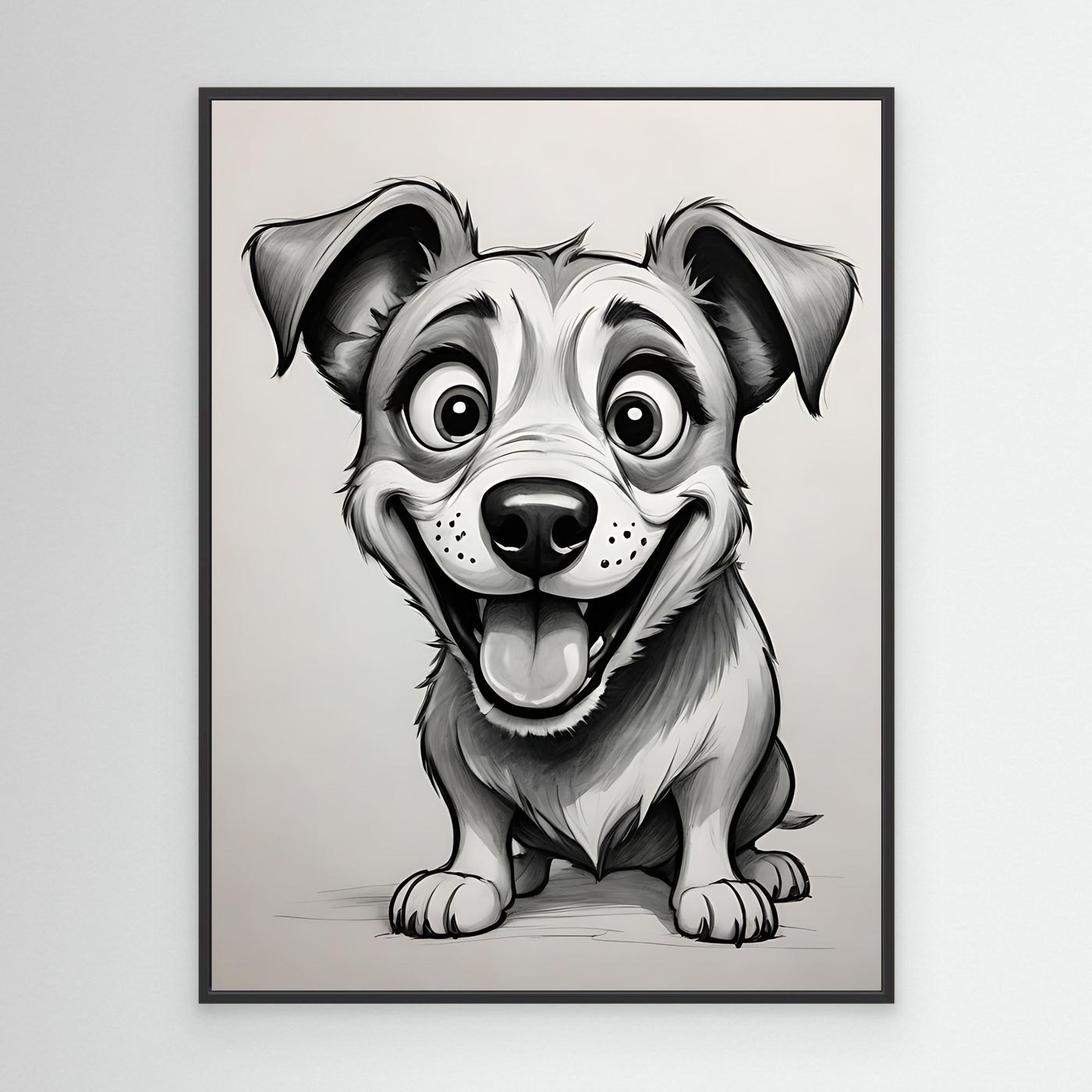 Black-framed black-and-white dog sketch wall art of a sitting puppy.