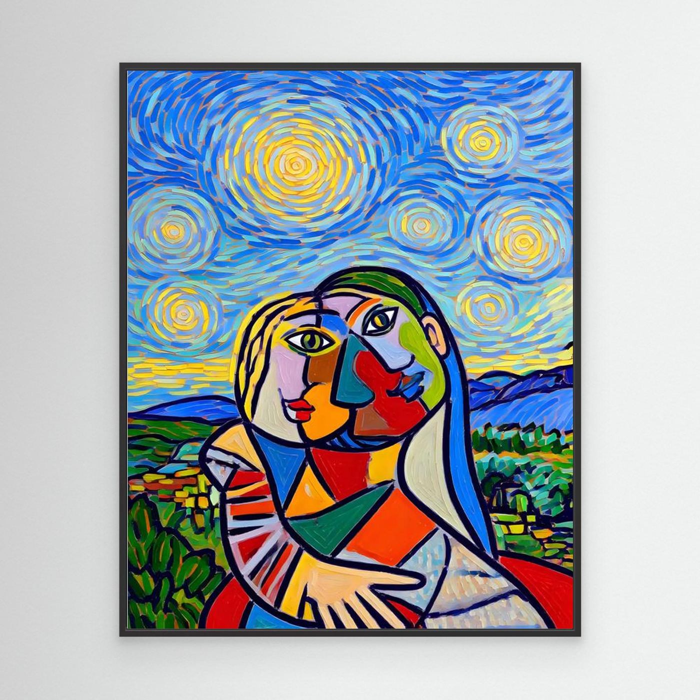 Black-framed square wall art print with stylized portrait in a blue spiral night sky
