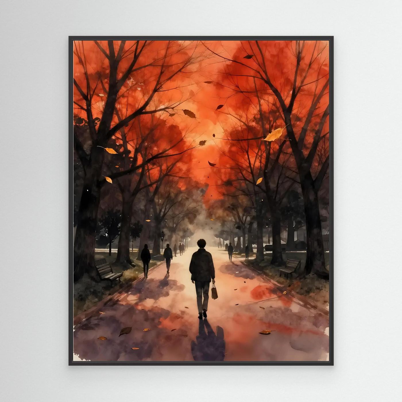Black framed autumn park wall art with orange trees, path, and silhouetted pedestrians