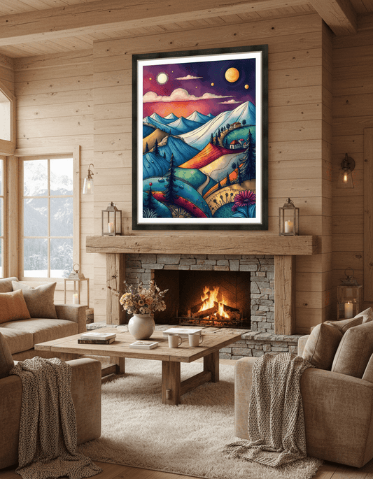 Framed abstract landscape print with blue mountains, stars, and planets in cosmic colors