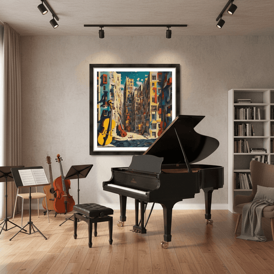 Framed wall art print of a colorful surreal city alley with yellow guitars