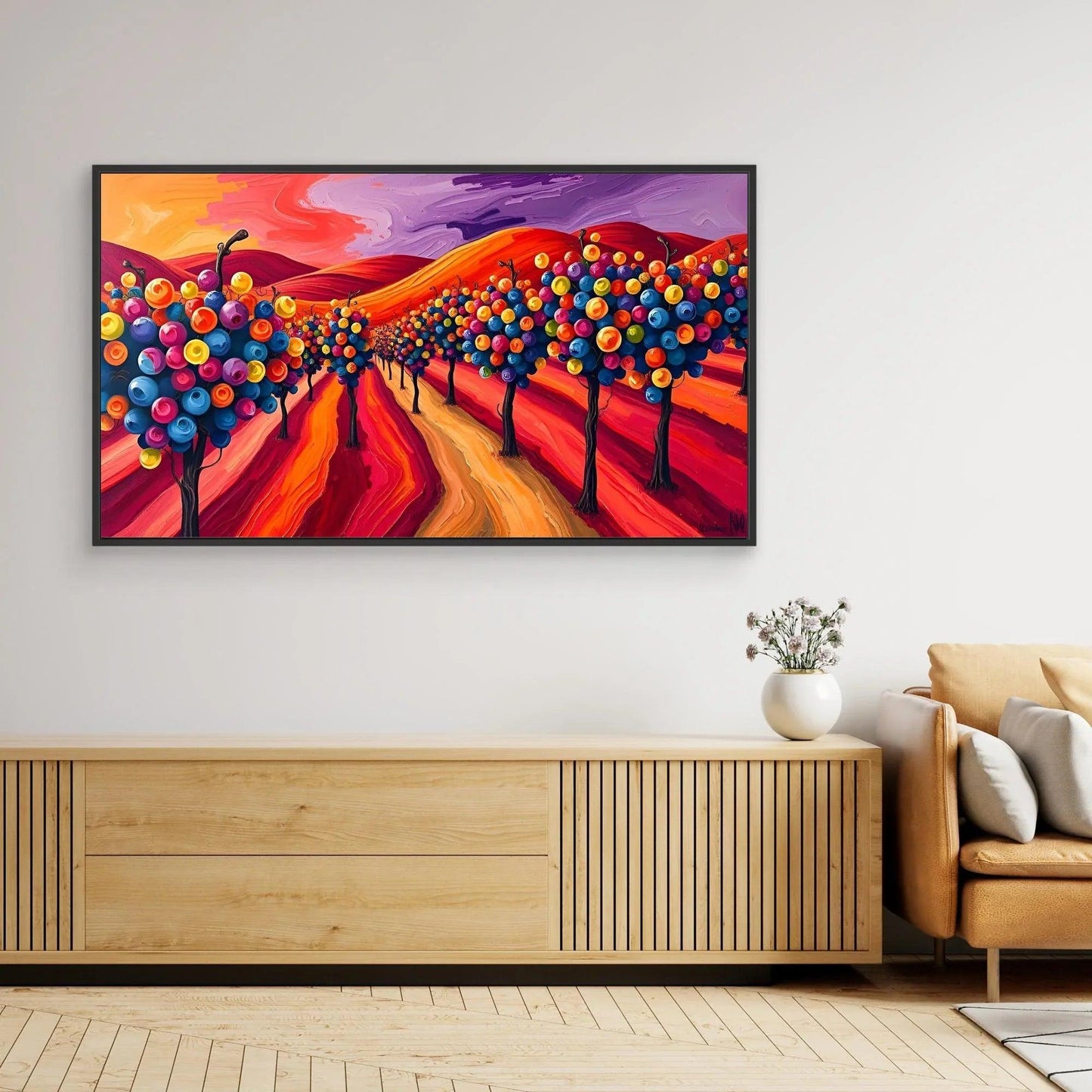 Framed orchard landscape wall art with dense fruit tree rows and a winding road.