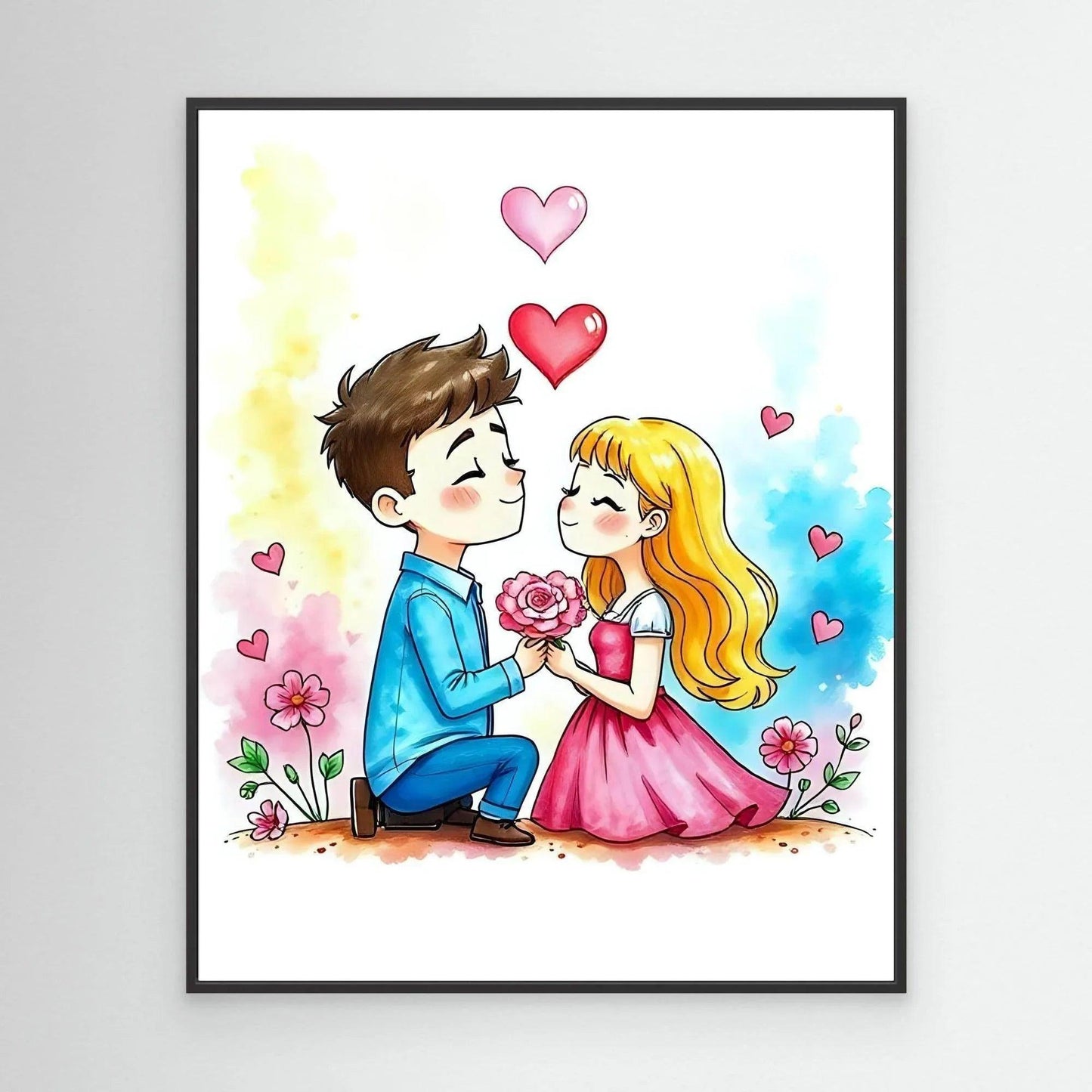 Love wall print with black frame, two children holding a rose and pink hearts