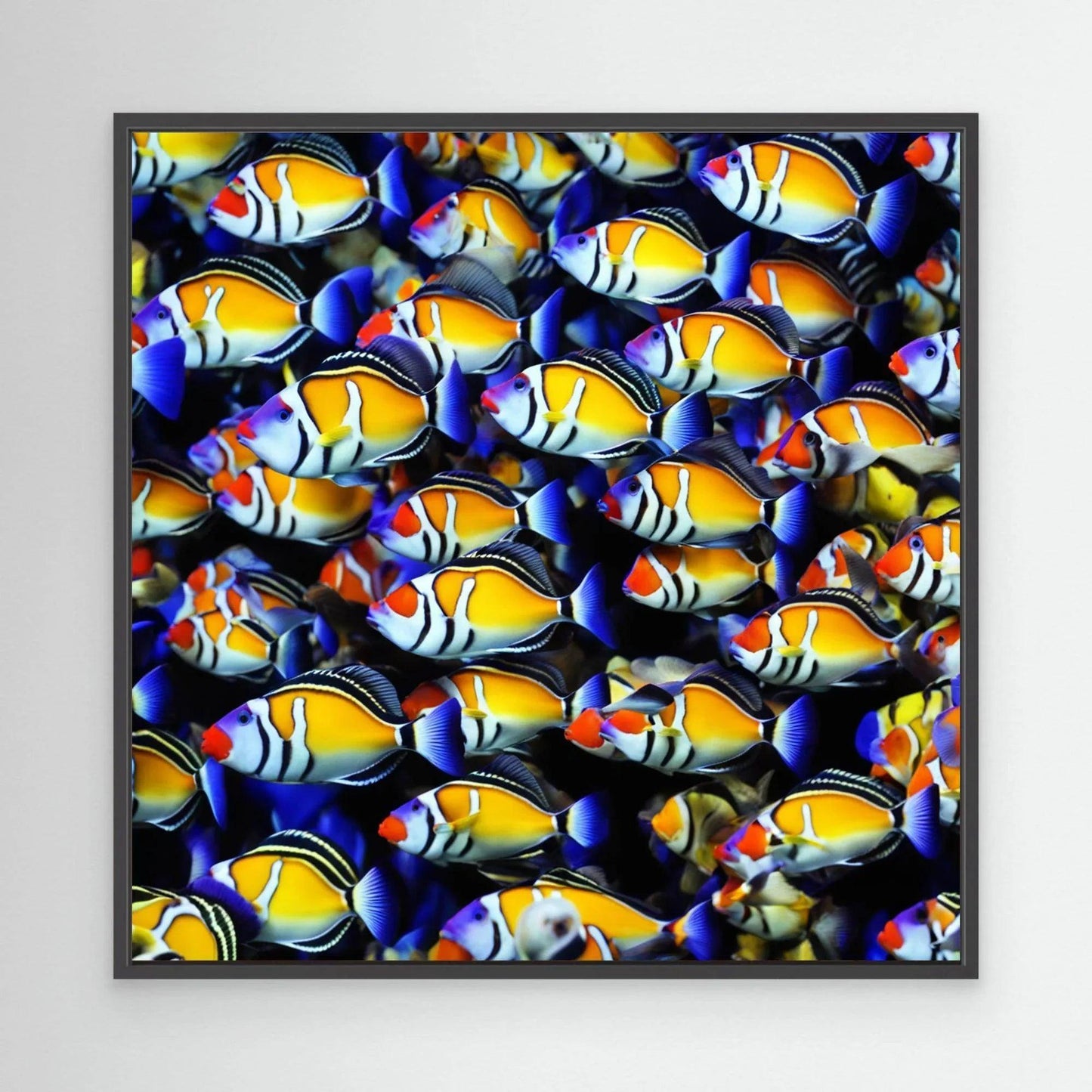 Tropical fish print with blue, yellow and orange fish in black frame