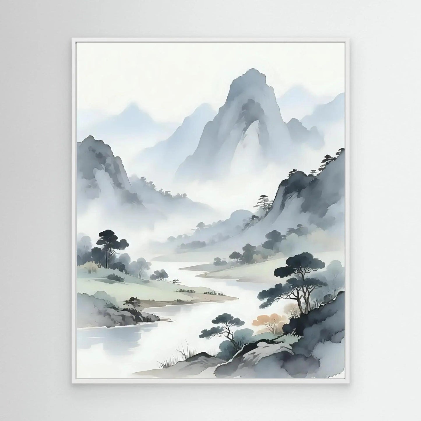 Misty mountain landscape framed print with white frame, misty peaks, trees, and river.