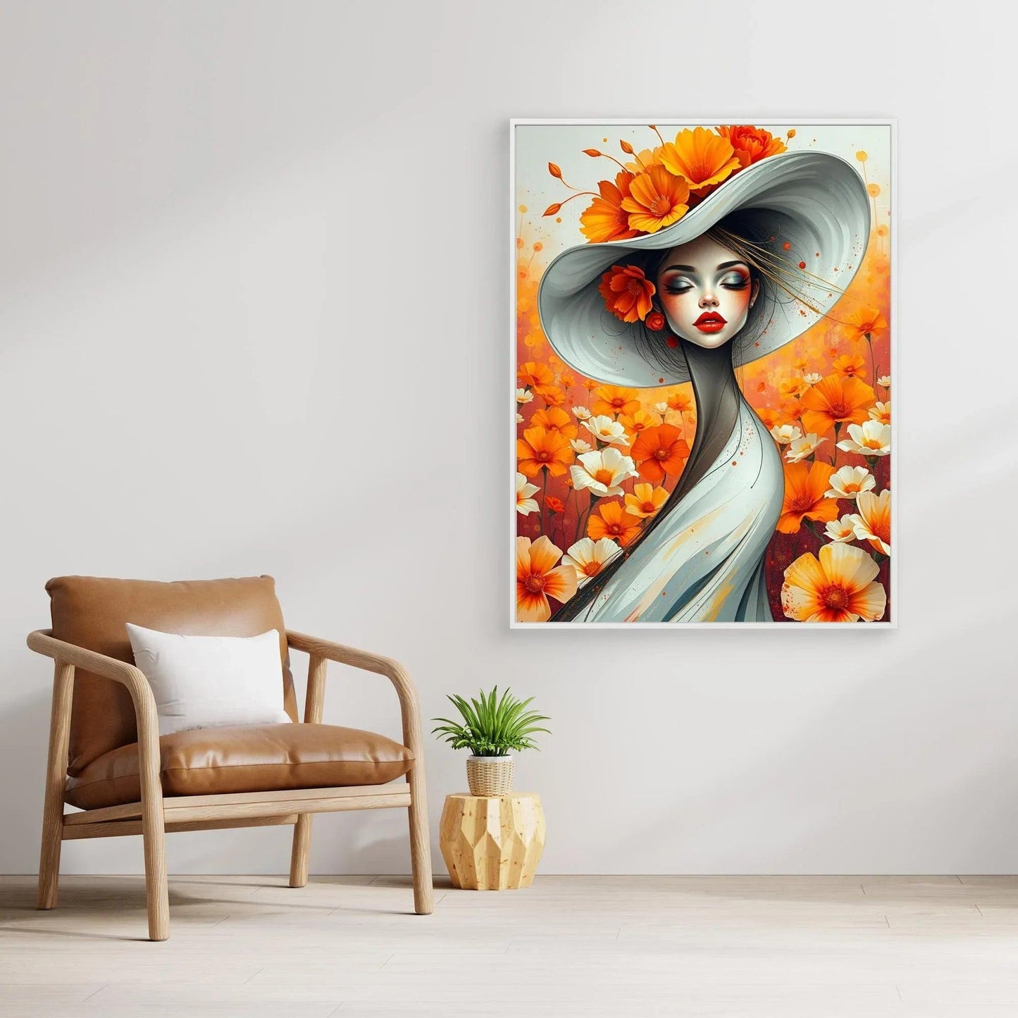 White-framed floral portrait of a woman in a light blue dress with an orange flower headpiece