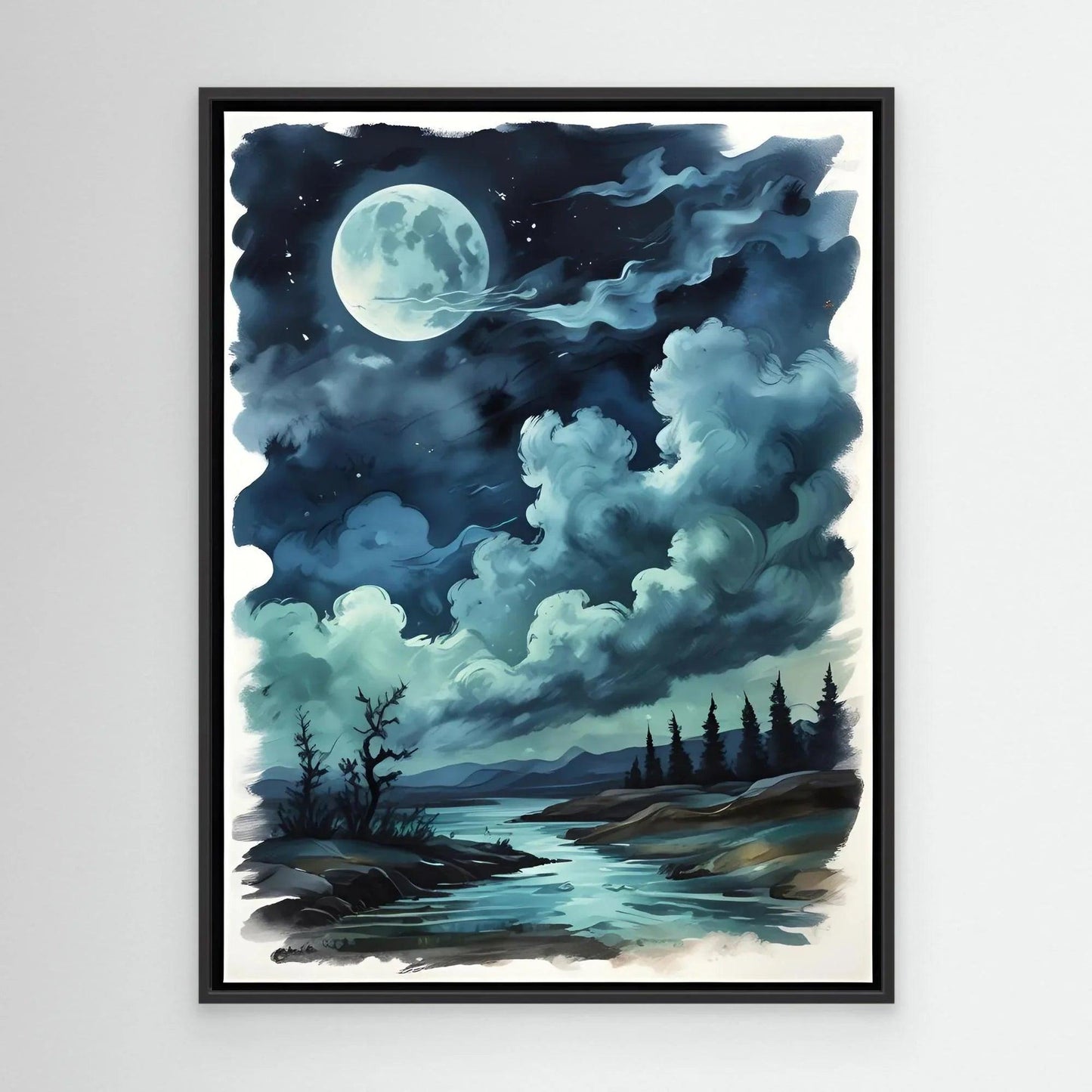 Framed wall art print with moonlit blue sky, billowing clouds, and a calm river bend.