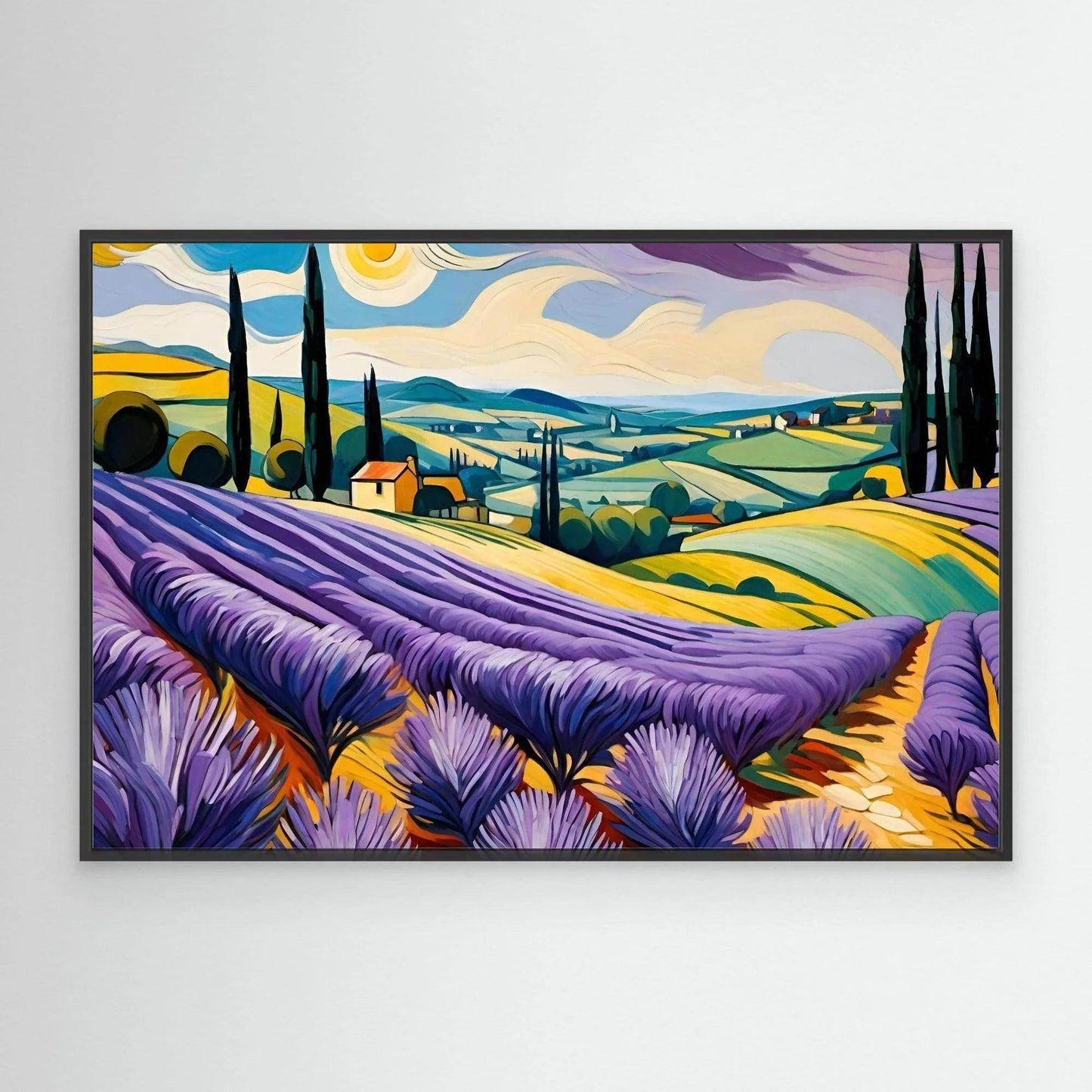 Black-framed lavender field landscape print with curved purple rows and distant town