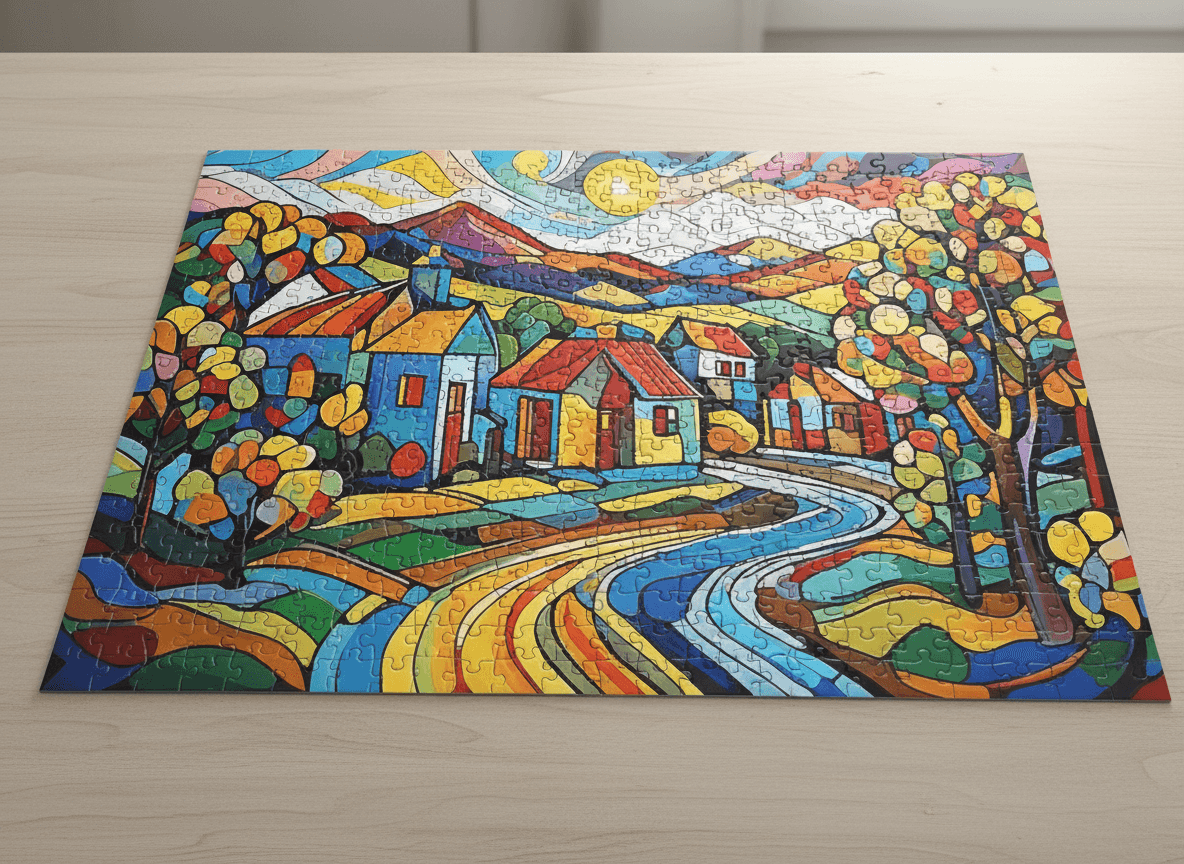 Colorful village landscape jigsaw puzzle with winding blue road and houses