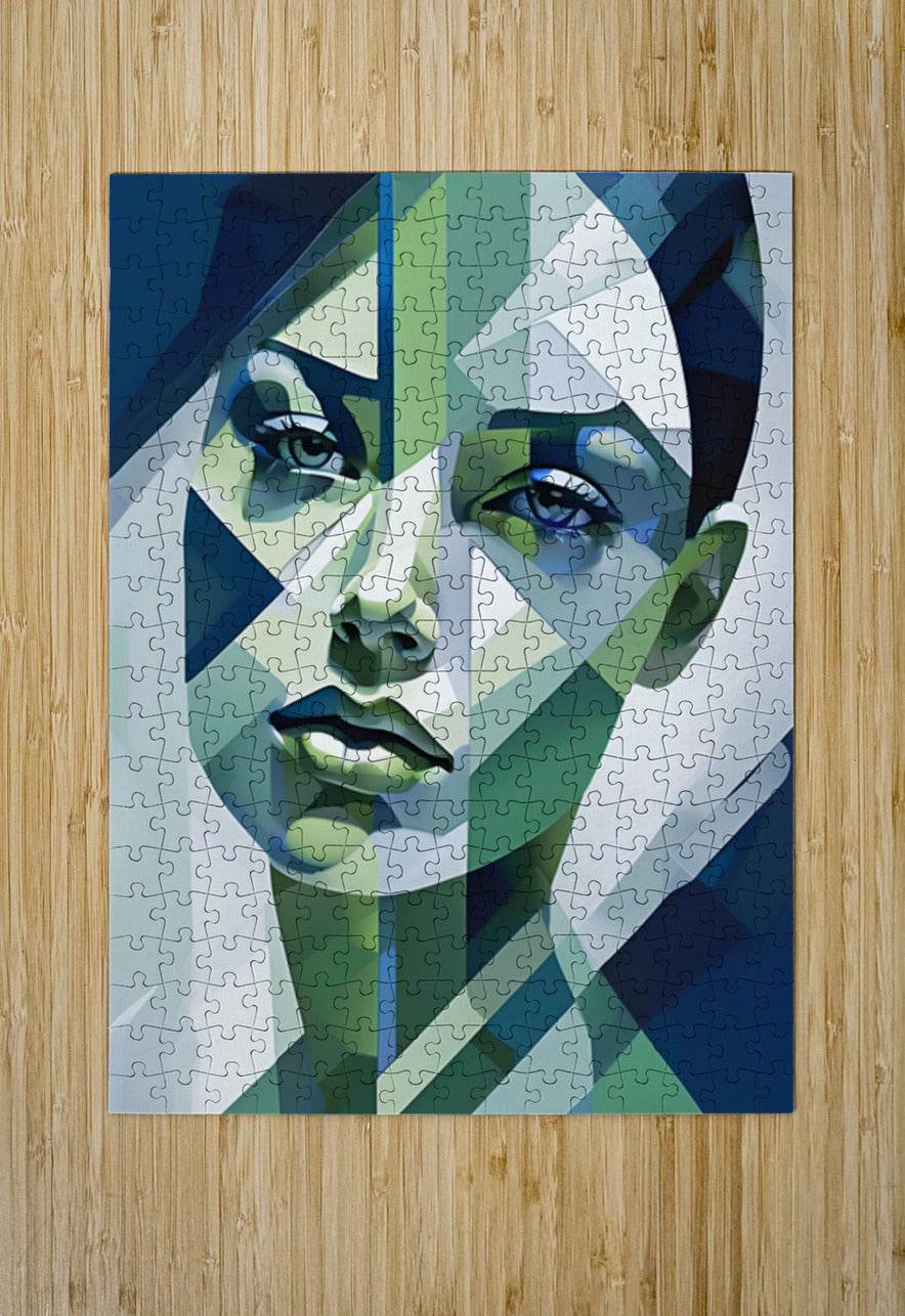 Jigsaw-style geometric portrait wall art with interlocking pieces of blue-green woman face