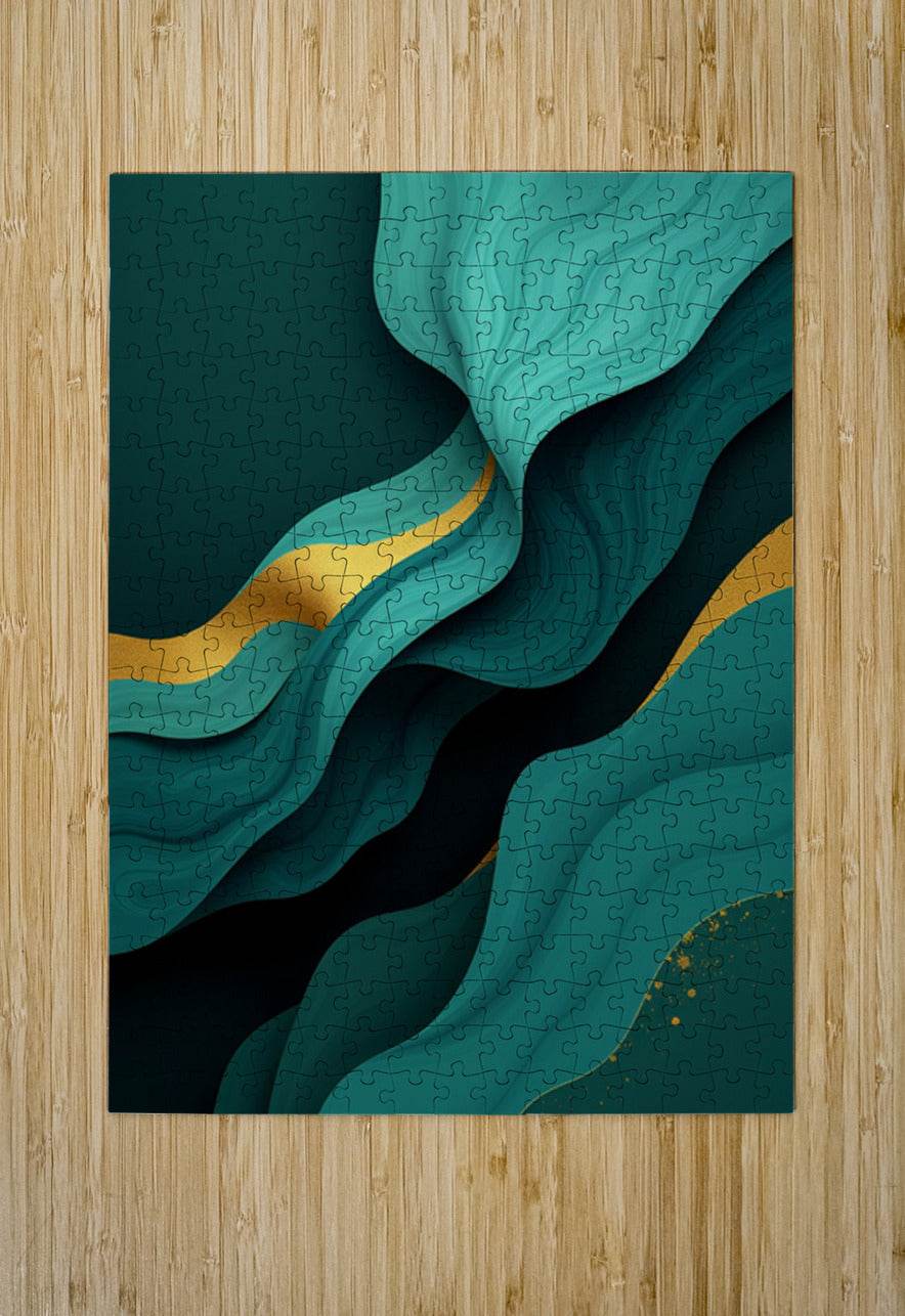 Teal and dark green abstract wave jigsaw puzzle print with gold accent