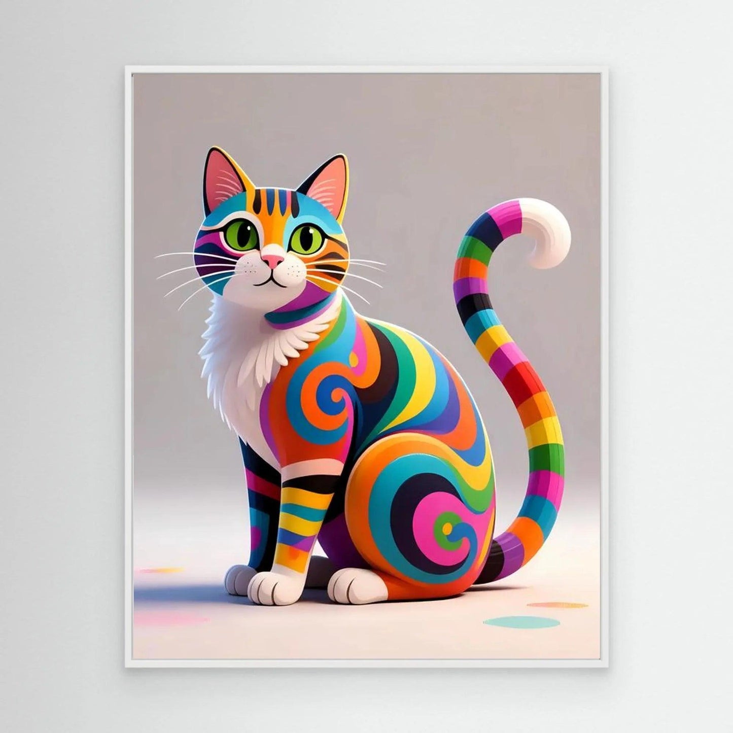 Colorful cat wall art in white frame, curled rainbow-swirl cat illustration