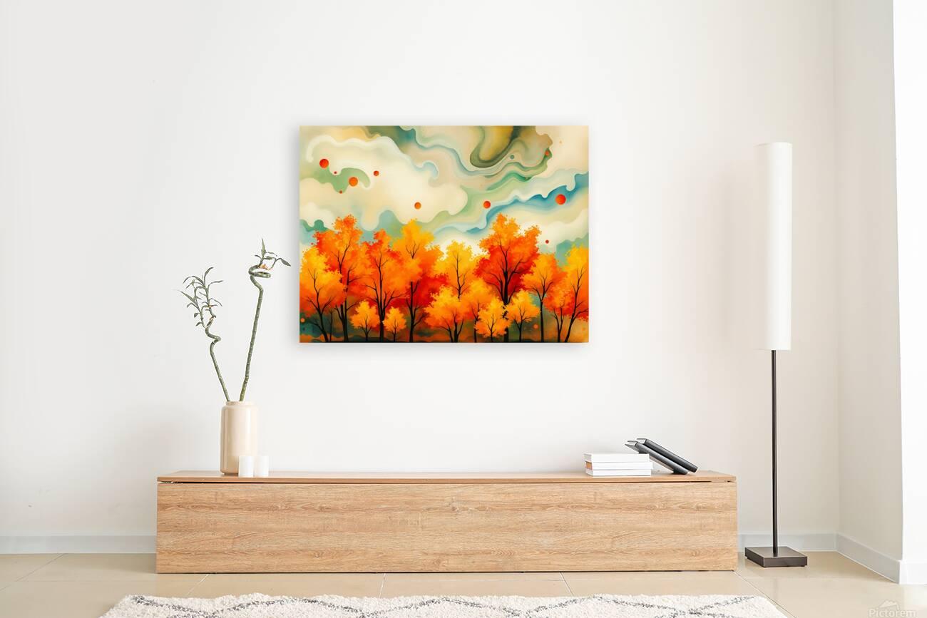 Abstract autumn forest wall art print with orange and yellow trees and cloud swirls
