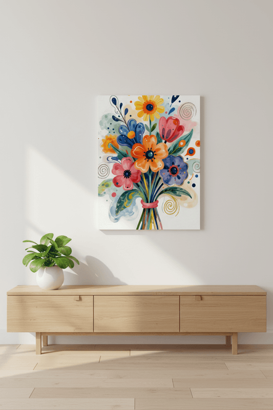 Abstract floral bouquet canvas in white border with colorful blue, orange, pink, and yellow flowers