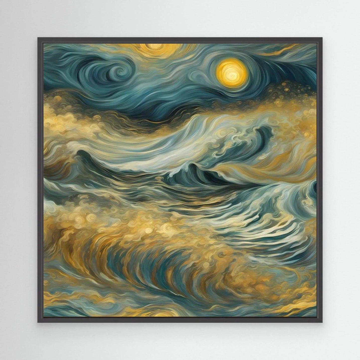 Black-framed wall art painting of swirling ocean waves with golden moon in teal and gold