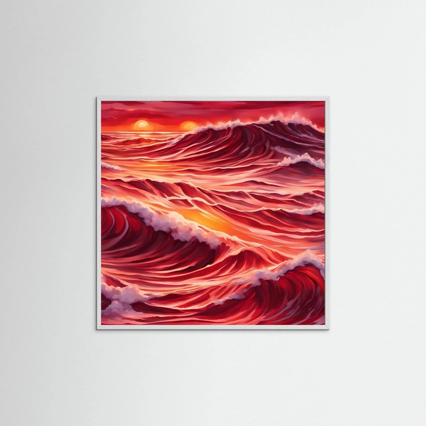 Framed ocean wave wall art with vivid red and pink waves, sunset glow, and a silver frame.