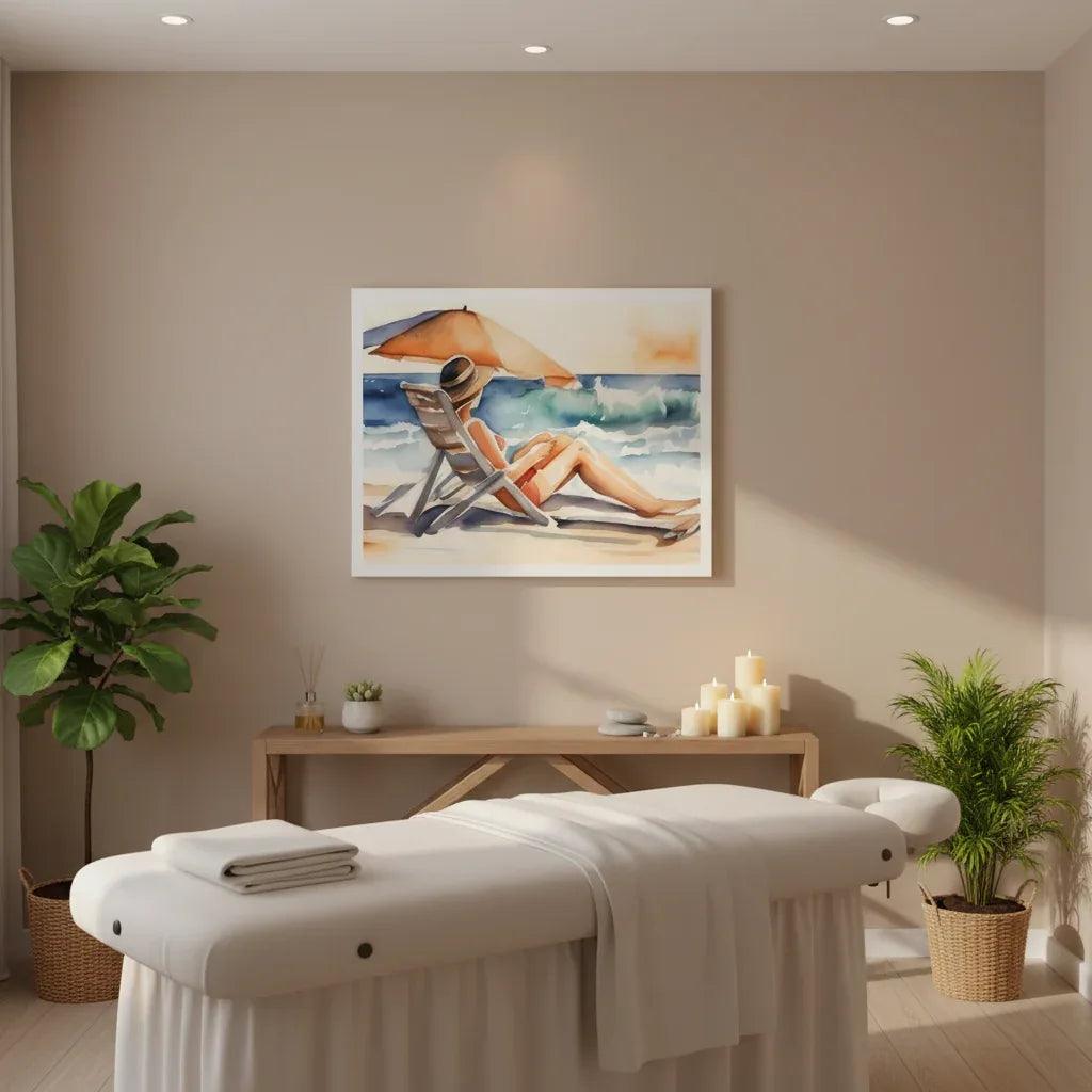 Beach scene watercolor print with reclining person and orange umbrella, light frame