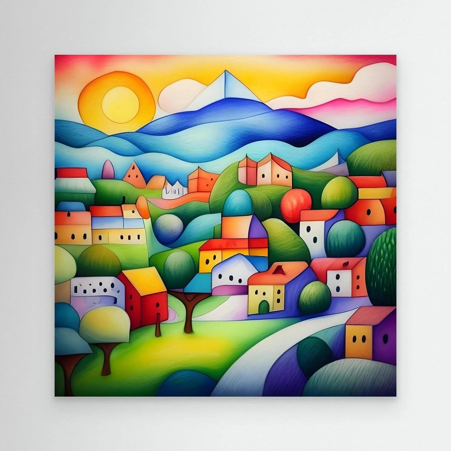 Geometric landscape wall art with colorful houses, hills, and mountains in blue, green, and orange