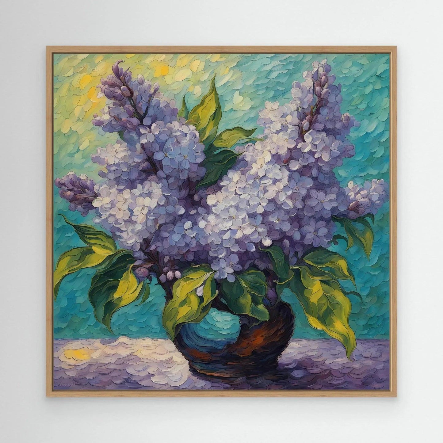Framed lilac bouquet painting with purple blossoms, green leaves, and light wood frame